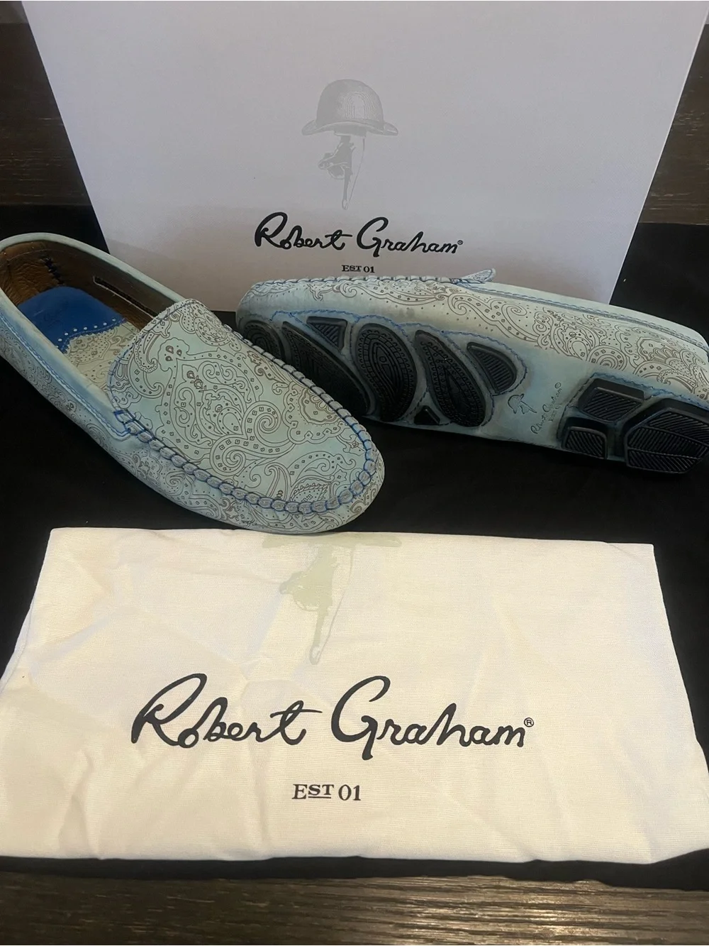 Robert Graham Light Blue Paisley Leather Driving Loafers